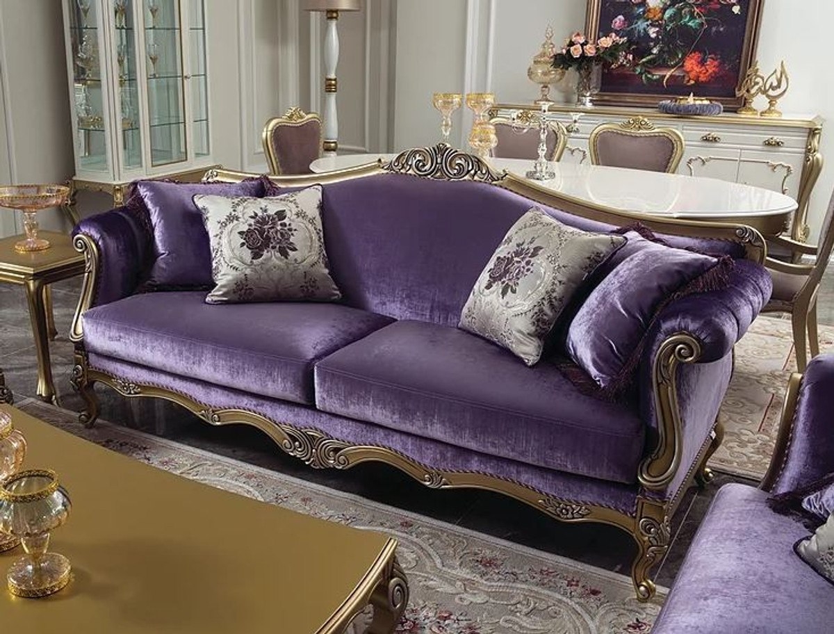 Casa Padrino Luxury Baroque Living Room Sofa Purple / Gold / Silver 220 X  83 X H. 105 Cm - Noble Solid Wood Sofa With Decorative Pillows - Living  Room intended for Purple Living Room Furniture