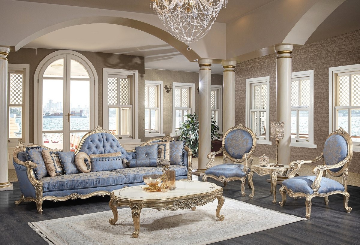 Casa Padrino Luxus Barock Wohnzimmer Set Hellblau / Weiß / Antik Gold - 2  Sofas &amp;amp; 2 Sessel &amp;amp; 1 Couchtisch &amp;amp; 2 Beistelltische - Barock Wohnzimmer  Möbel inside Living Room Furniture Cheap